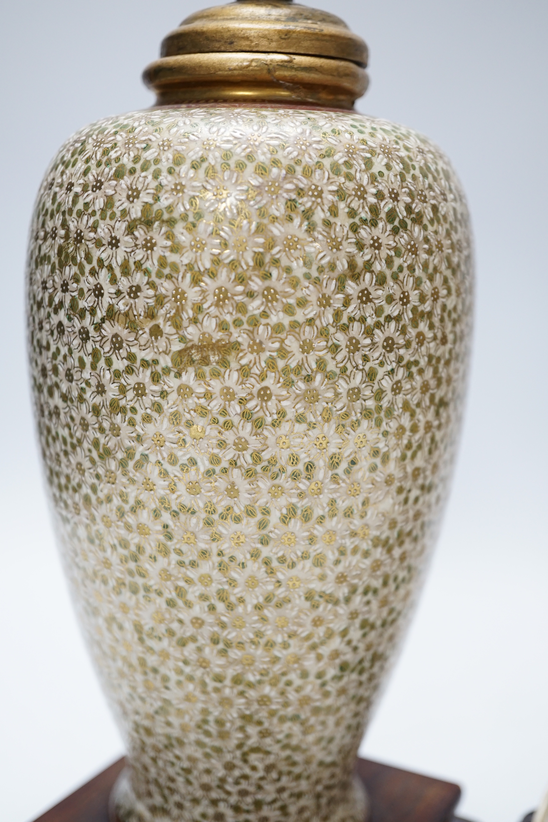A pair of Japanese Satsuma vases mounted as lamps, total height including lamp fittings 31.5cm